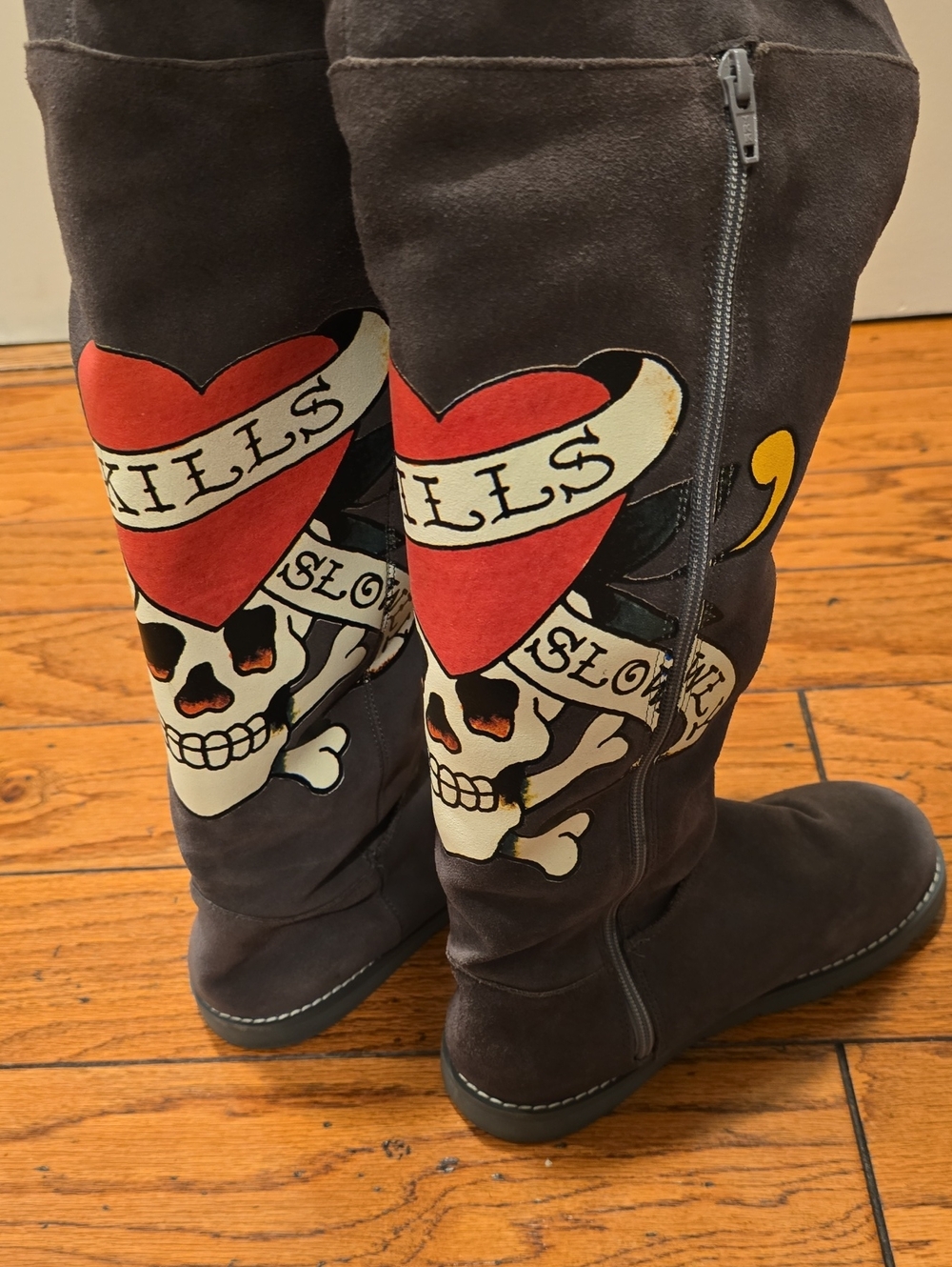 Ed Hardy Gray Suede Knee-High Boots with Heart & Skull Graphic - Picture 4 of 10